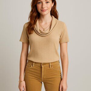Jones New York Collection gold sparkle ribbed cowl neck short slv sweater L